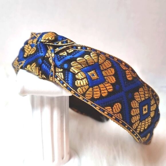 JEWELTONE JACQUARD SATIN FABRIC top knot royal blue gold black headband - Picture 1 of 9